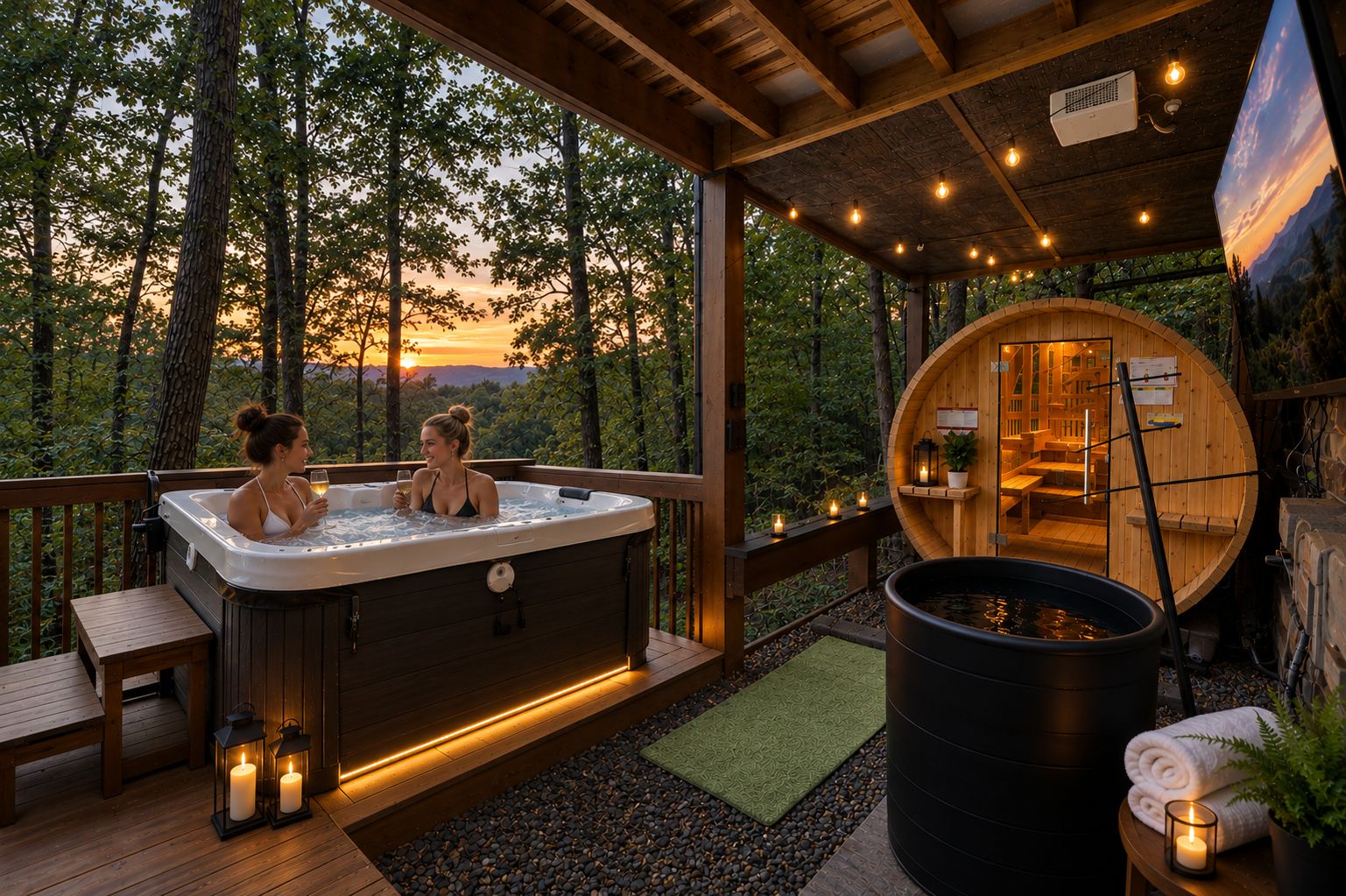 Een jacuzzi met twee personen, omringd door een terras met houten leuningen, een houten sauna en uitzicht op de zonsondergang.