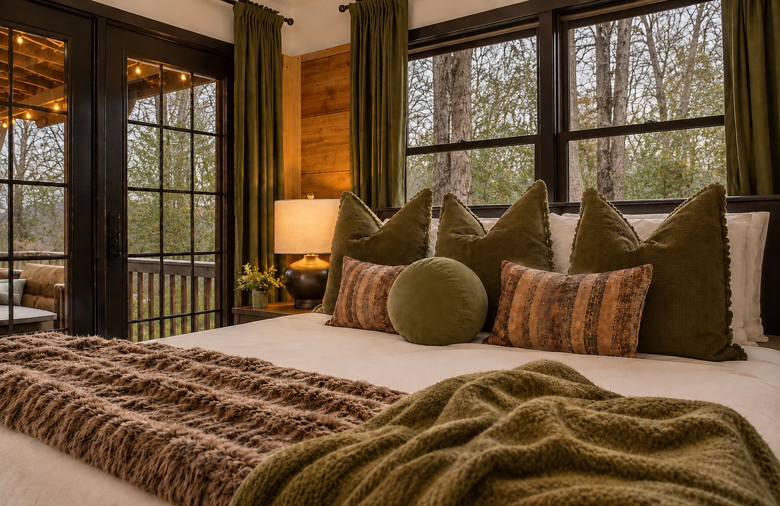 Een slaapkamer met een groot bed, meerdere kussens, een bedlampje en uitzicht op bomen door grote ramen.