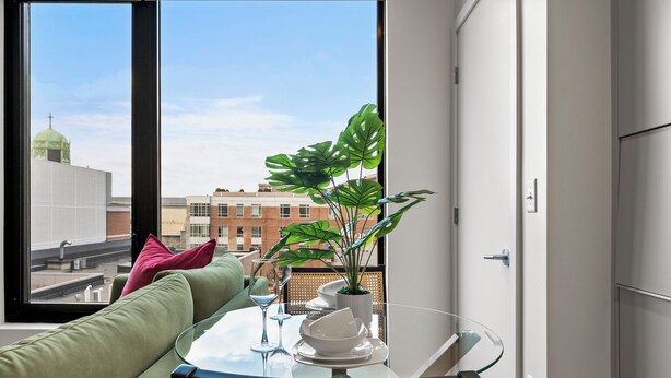 Un salon moderne avec une table en verre, un canapé vert et une plante en pot.