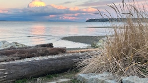 A coastal landscape with a rocky shoreline, a log, and tall grasses. - NEW "Seabreeze B&B" on walkout beach in beautiful Qualicum Beach (Qualicum Beach)
