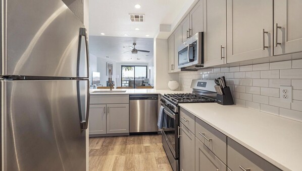 Fridge, dining tables