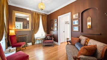 Smart TV, fireplace, books