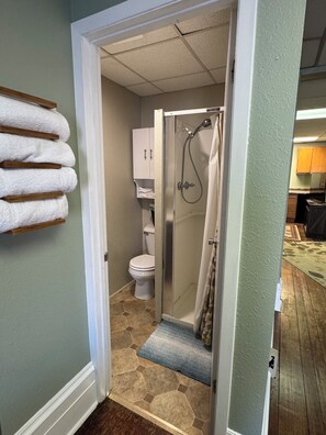 Shower, towels, toilet paper