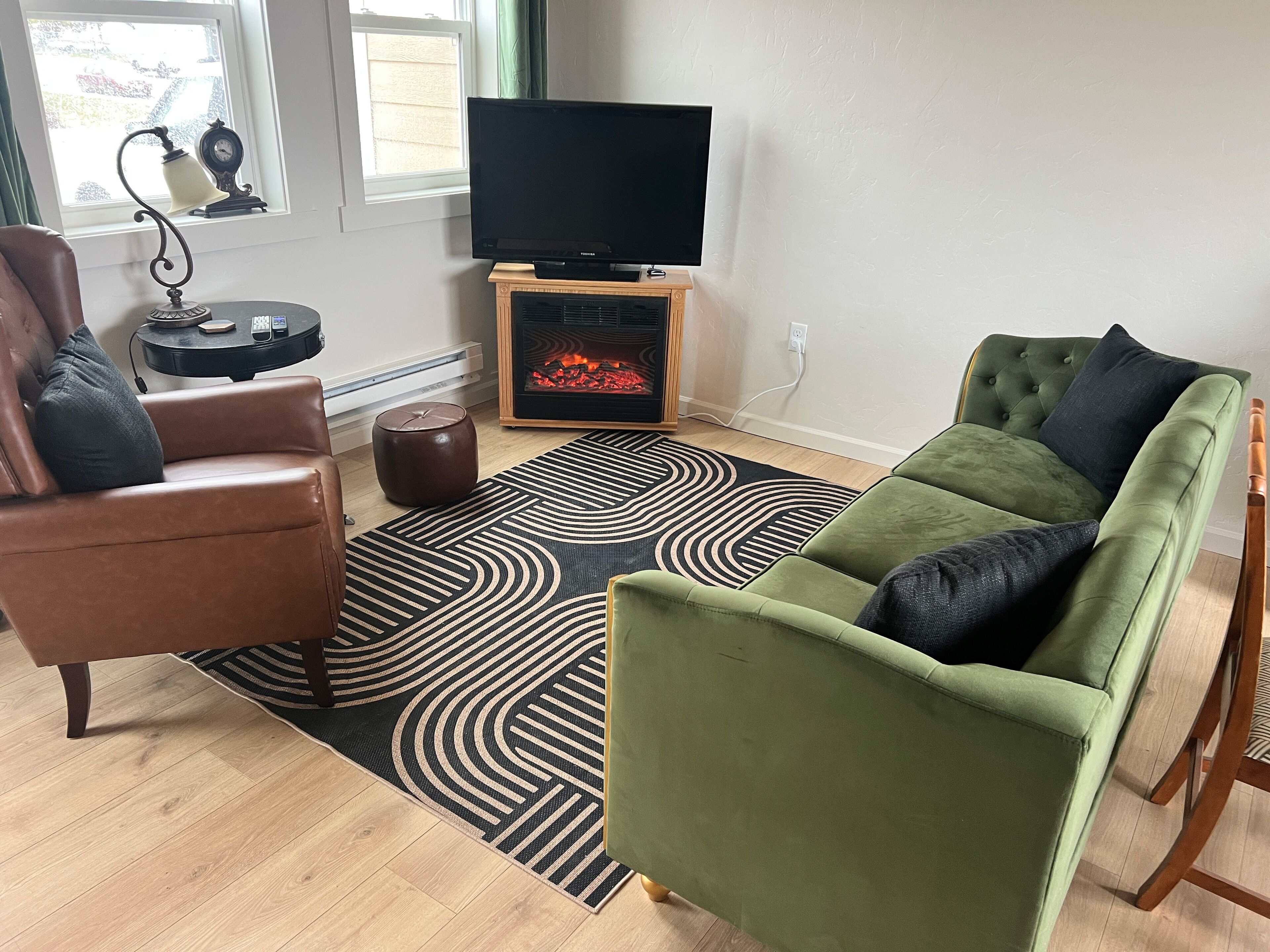 TV, fireplace, books