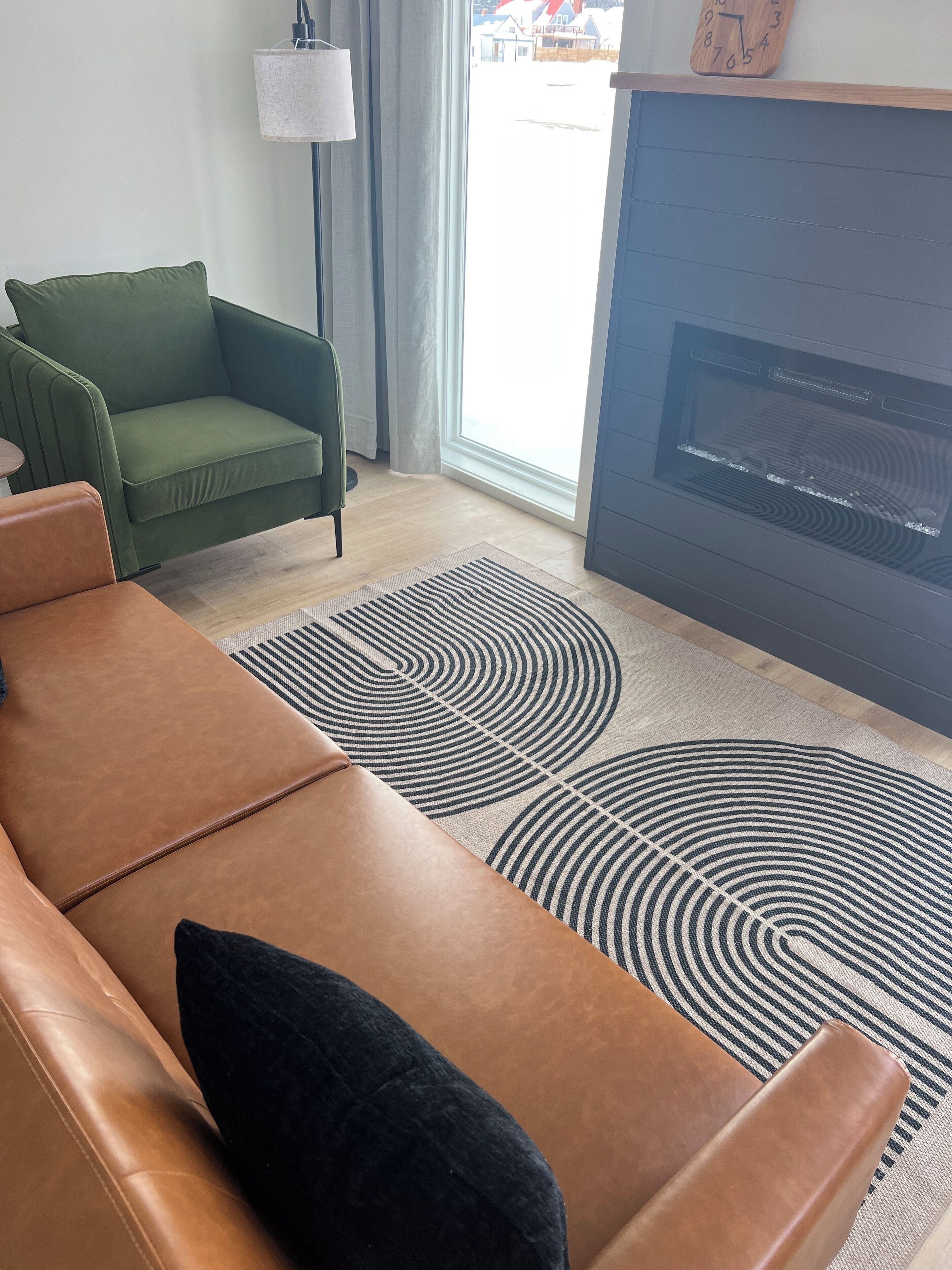 Smart TV, fireplace, books