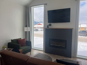 Smart TV, fireplace, books