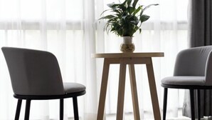 A modern room with two grey chairs, a wooden table with a plant, and sheer curtains. - Yizhou Hotel (Shanghai)