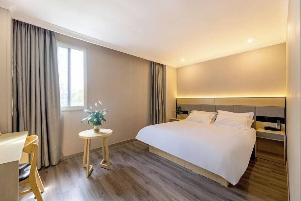 A hotel room with a bed, a desk, a chair, a small table with a plant, and a window with curtains.