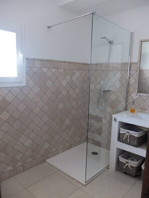 Chuveiro, secador de cabelo, toalhas de banho