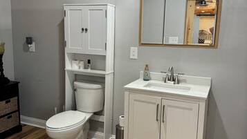 Hair dryer, towels, soap, toilet paper