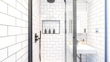 Hair dryer, towels, soap, shampoo