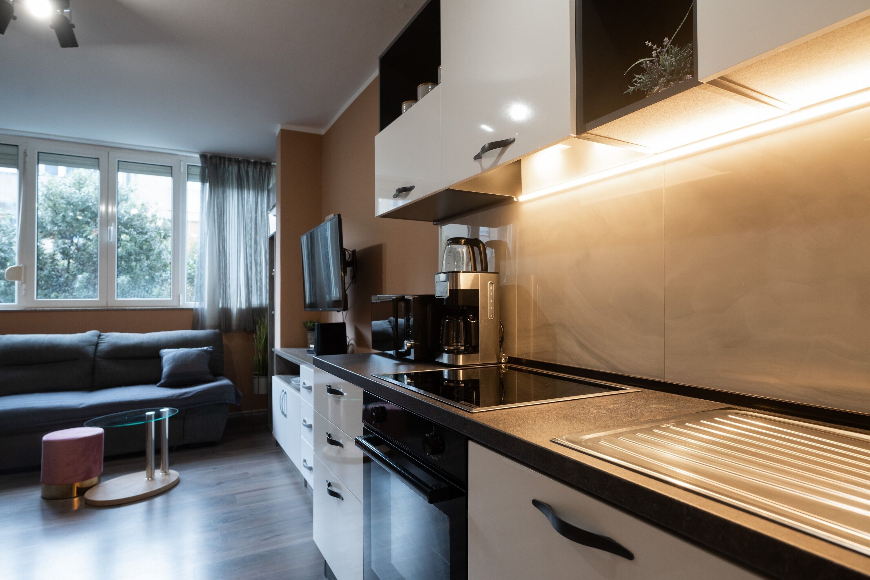 Fridge, microwave, oven, coffee/tea maker