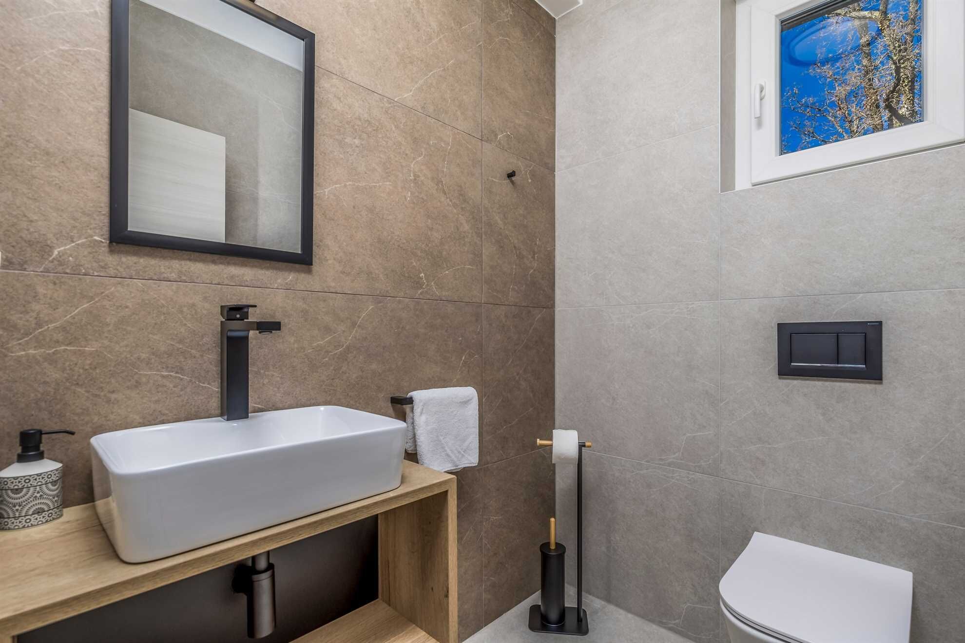 A modern bathroom with a large white sink, a mirror, a toilet, and a window with a view of trees.