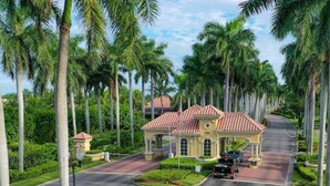 A gated residential area with a central road, palm trees, and a building with a red-tiled roof.