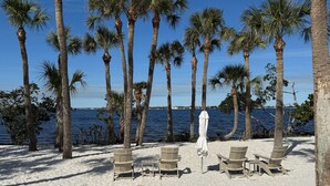 A beach with palm trees and a white umbrella. There are beach chairs and a table.