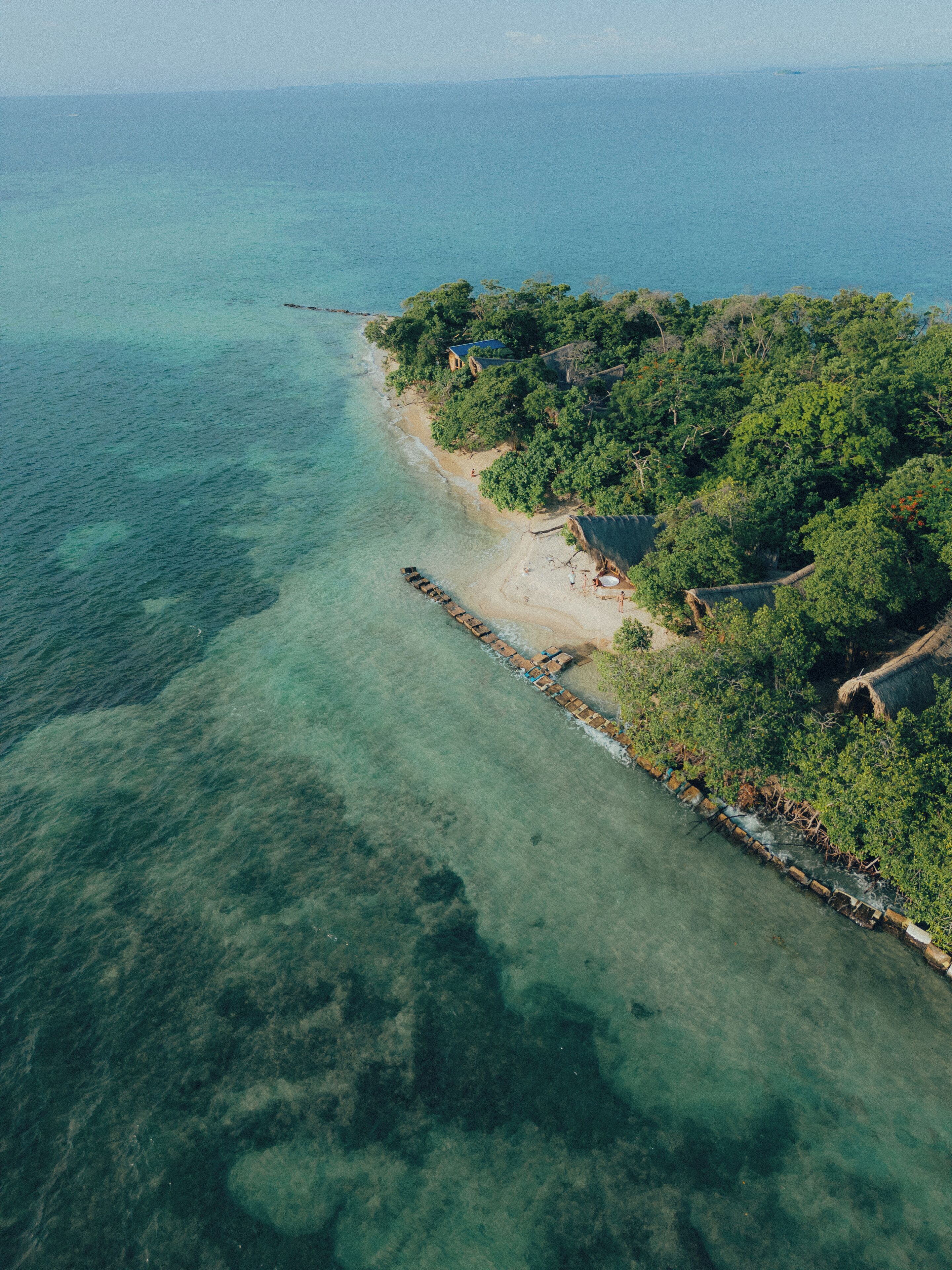 An aerial view of a beach with clear turquoise waters, a wooden walkway, and dense green foliage.