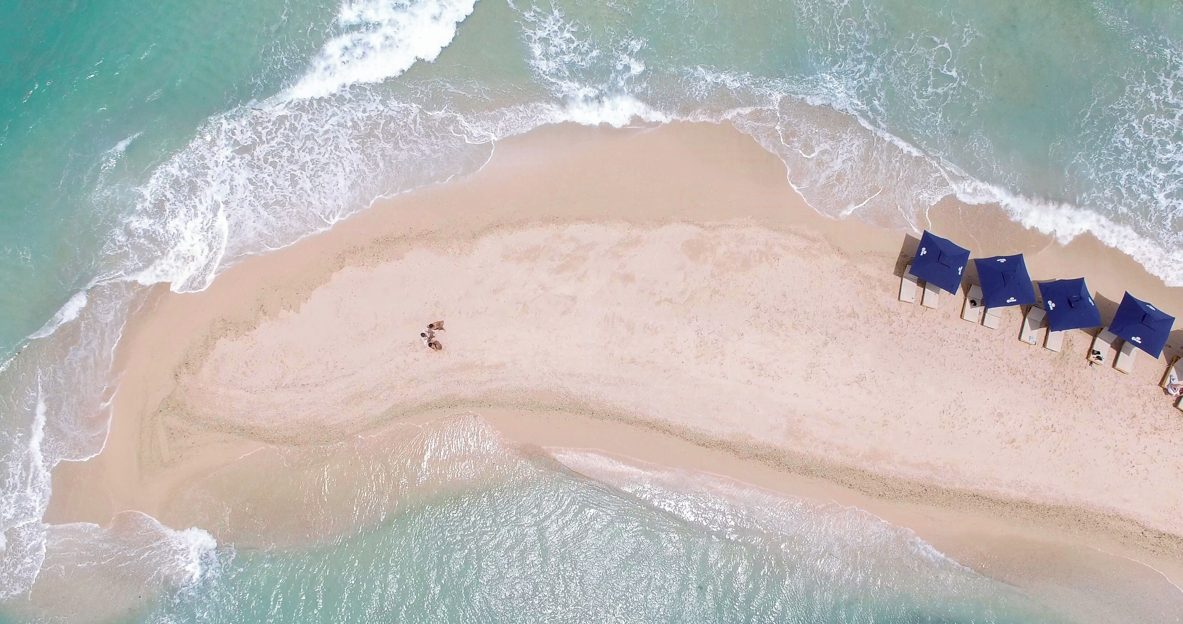 An aerial view of a beach with a row of blue umbrellas and a few people.