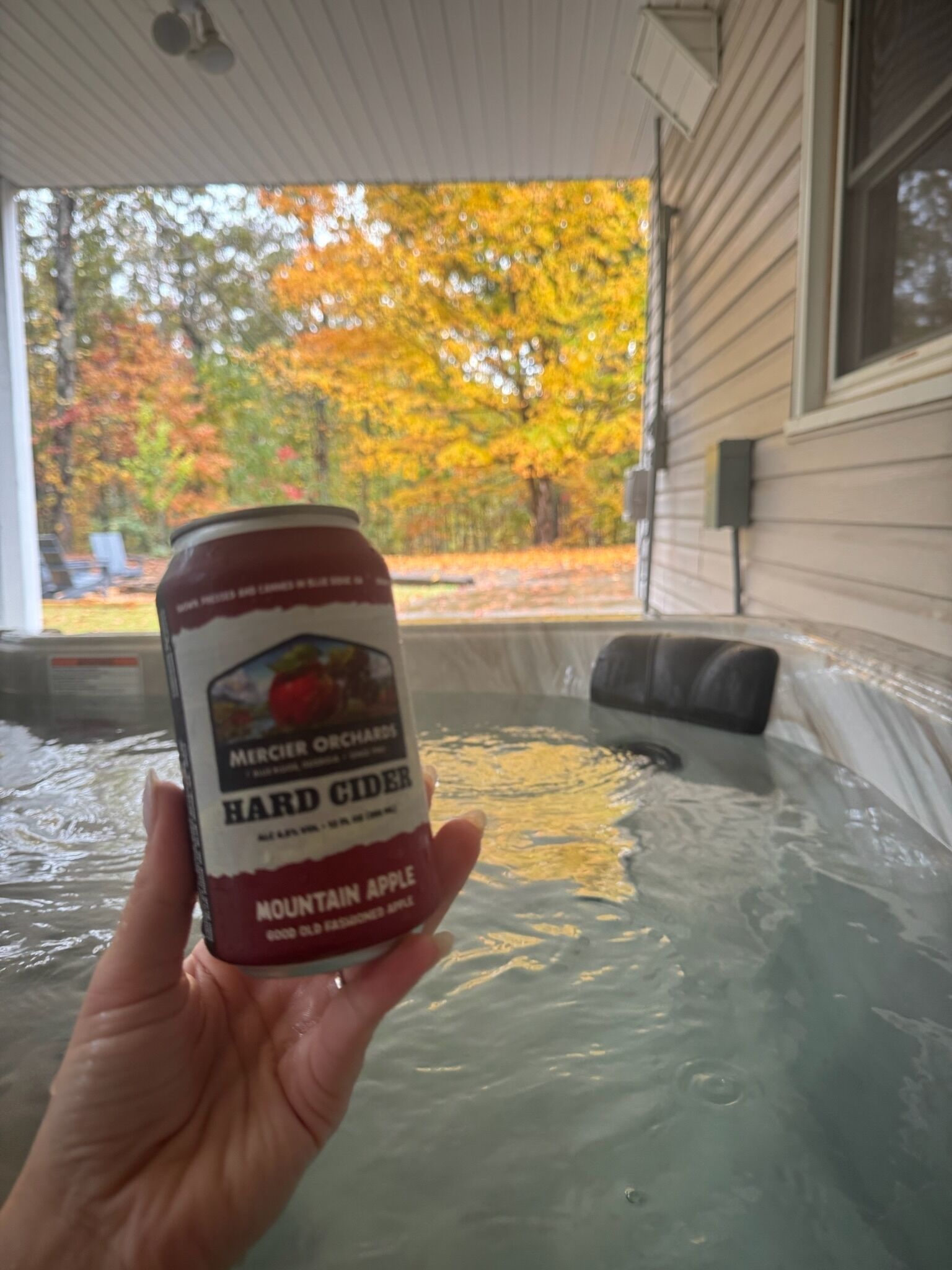 A hand holding a can of Mercier Orchards Hard Cider Mountain Apple in front of a hot tub with a view of autumn trees.