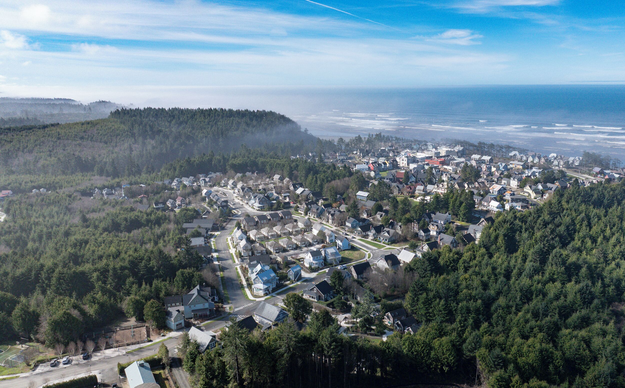 Vue aérienne d’un quartier résidentiel avec des maisons, des routes et une colline boisée.