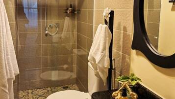 Un baño con ducha de vidrio, inodoro, lavamanos y espejo.