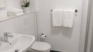 Shower, hair dryer, towels, toilet paper