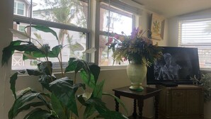 A room with large windows, a television on a wooden cabinet, and a vase with flowers on a small table. - Cozy Cottage, 1 bedroom sleeps 2 (Bradenton Beach)