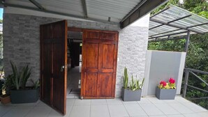 Ein moderner Eingangsbereich mit Holztür, Blumentöpfen und einer überdachten Terrasse.