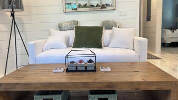 Smart TV, fireplace, books, music library