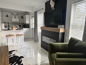 Smart TV, fireplace, books, music library
