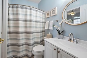 Jetted tub, hair dryer, towels, soap