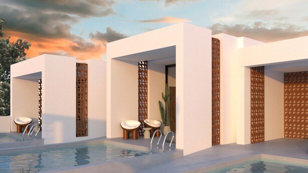 Un área de piscina moderna con tres zonas separadas, cada una con una silla y una escalera.