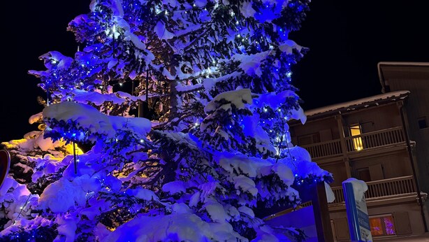 A snow-covered tree with blue lights, a building with balconies, and a signpost. - Apartment '6 Couchages Val Thorens' with Mountain View, Balcony and Wi-Fi (Val Thorens)