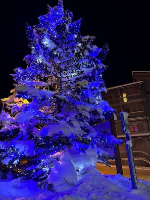 Un arbre recouvert de neige, illuminé de lumières bleues, un bâtiment doté de balcons et un panneau indicateur.