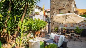 An outdoor patio with a sofa, chairs, and a table, surrounded by potted plants and a flag.