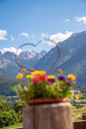 Un pot de fleurs avec une structure métallique en forme de cœur au premier plan, et un paysage montagneux en arrière-plan.