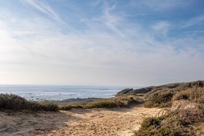 Un sentier côtier menant à la mer, avec un terrain sablonneux et une végétation clairsemée.