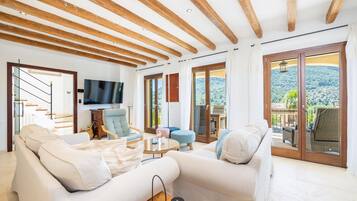 TV, lareira, mesa de pingue-pongue