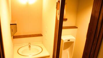 A small bathroom with a sink, a toilet, and a urinal.
