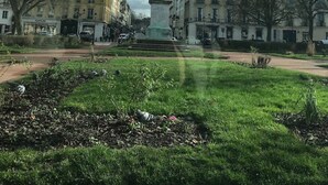 Une statue dans un parc, entourée d’immeubles.