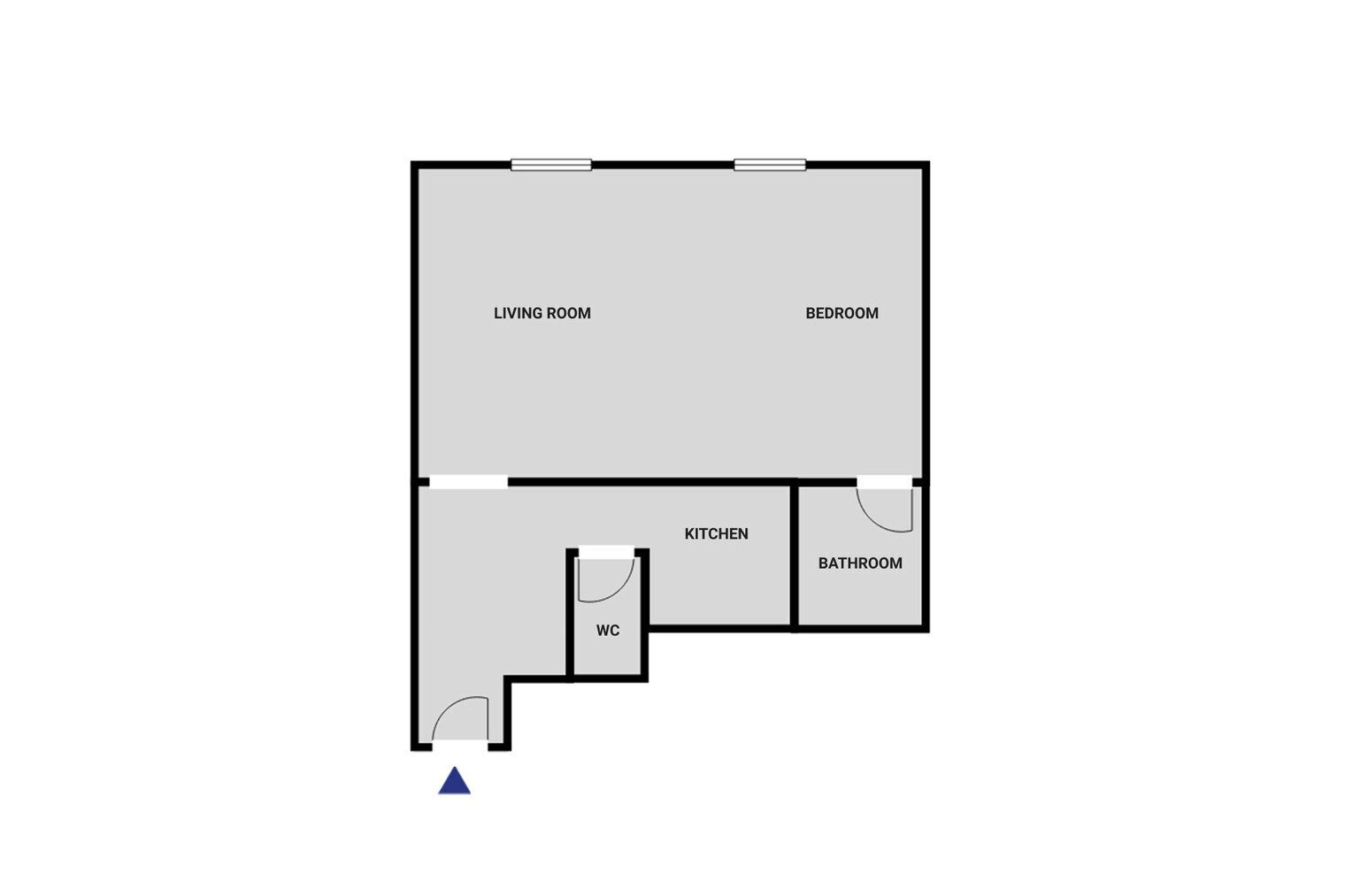 A floor plan with a living room, bedroom, kitchen, and bathroom.