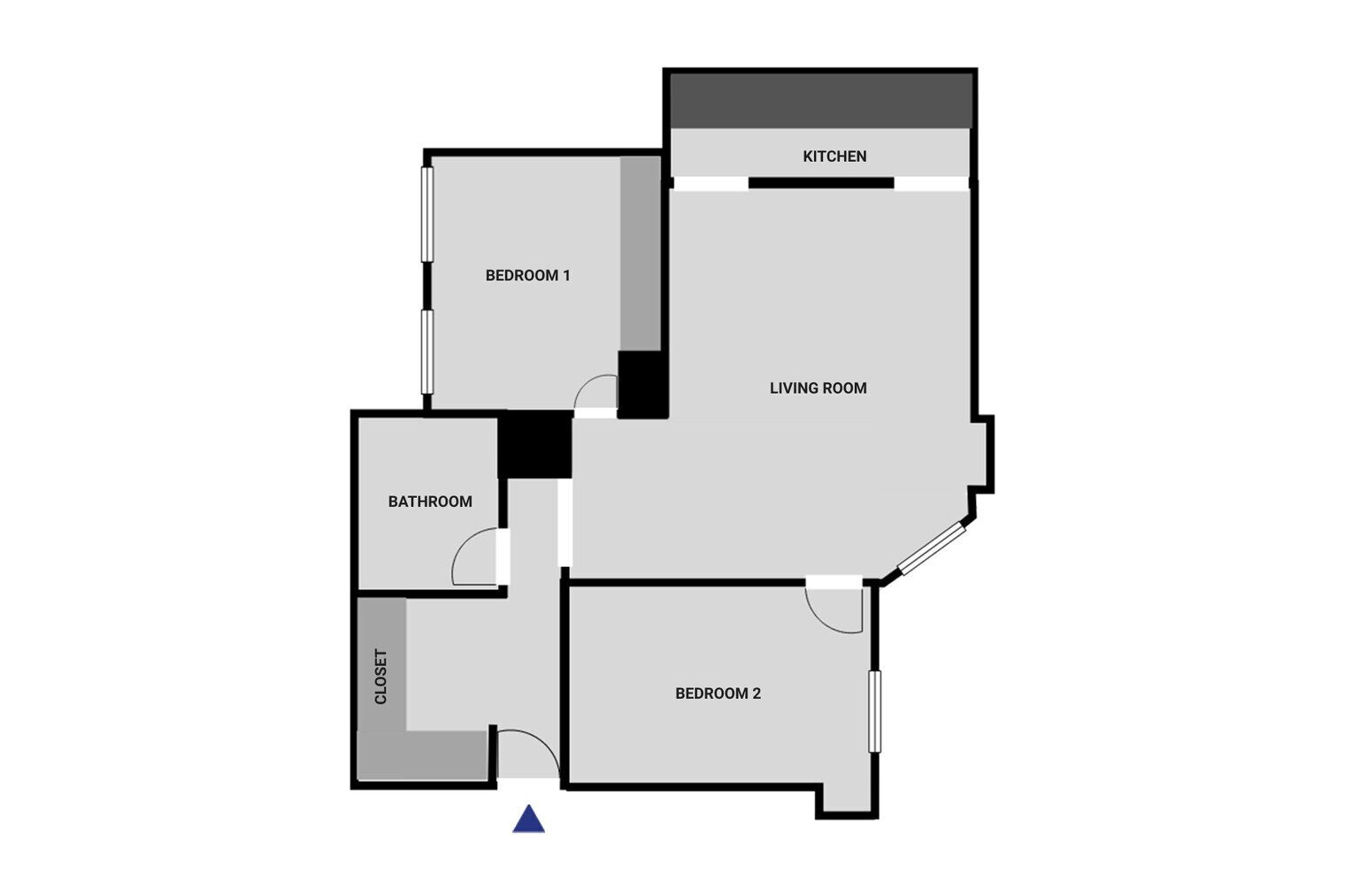 A floor plan with two bedrooms, a kitchen, a living room, a bathroom, and a closet.