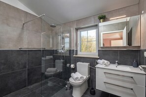 Un baño moderno con ducha envuelta en vidrio, un inodoro, un lavamanos y un espejo sobre el mueble de tocador.