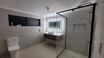 Hair dryer, towels, soap, toilet paper