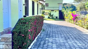 Un edificio con acceso pavimentado, un pequeño jardín con flores rosas y un cielo despejado.