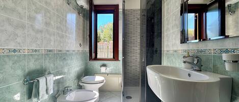 A bathroom with a shower, toilet, bidet, and sink.