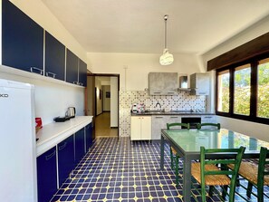 Cozinha moderna com piso padronado em azul e amarelo, mesa de jantar com cadeiras e vista para o verde lá fora.