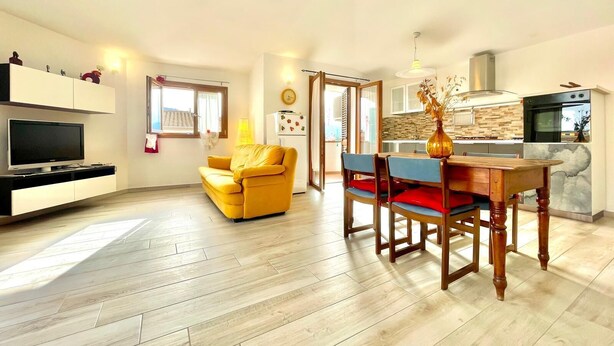 A modern apartment with a living room, dining area, and kitchen.