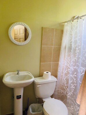 Shower, towels, soap, shampoo