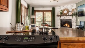 A kitchen with a stove, a fireplace, and a view of the outdoors.