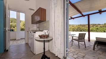 Standard Studio | Private kitchenette | Stovetop, electric kettle, cookware/dishes/utensils, cleaning supplies